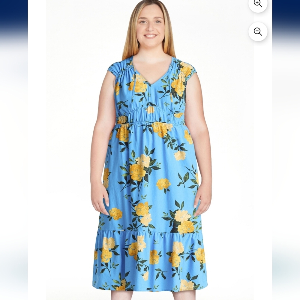 Time & Tru Floral Blue and Yellow Midi Dress XL